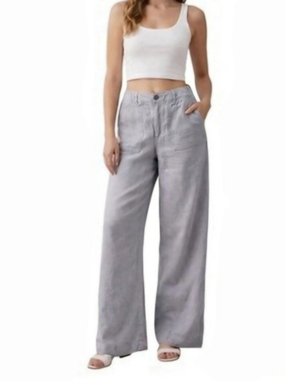 O Adrienne Vittadini Linen Wide Leg Pants Gray Size 10 Like New